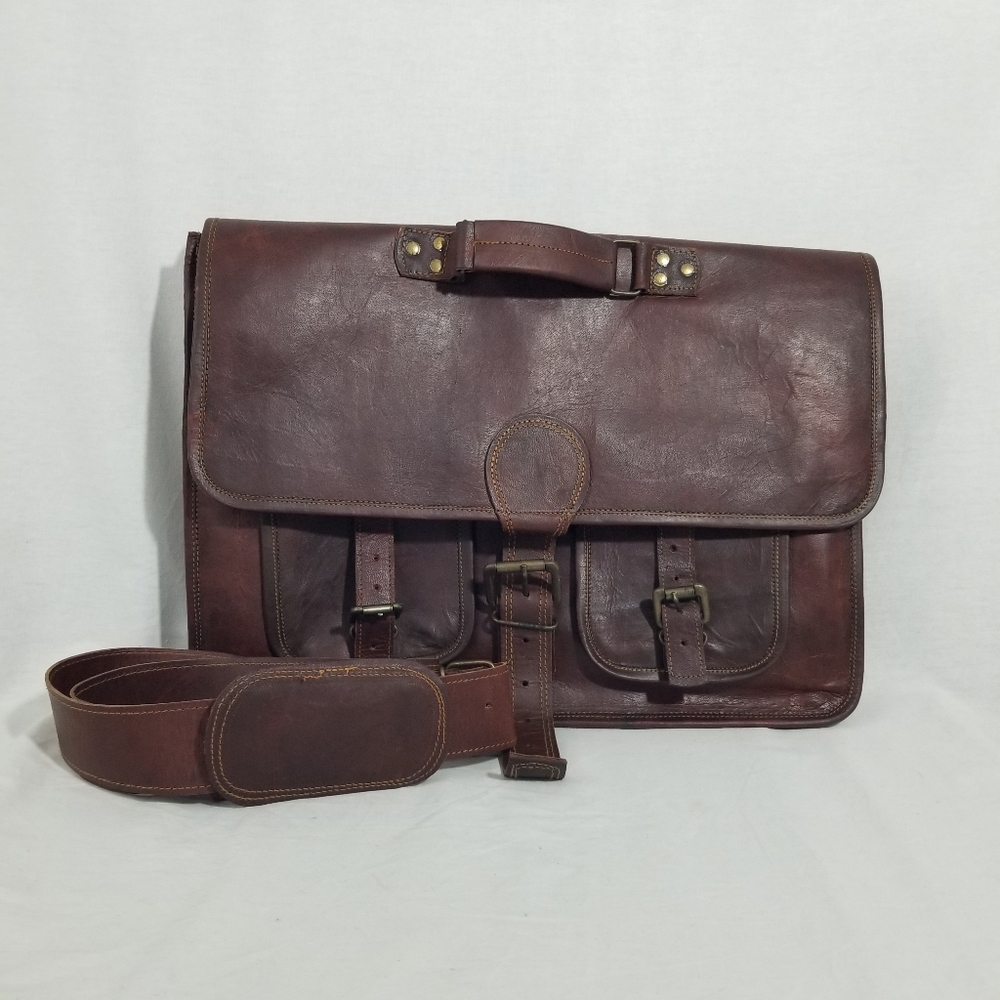 100% Genuine Leather Messenger style briefcase Coated Waxed Leather